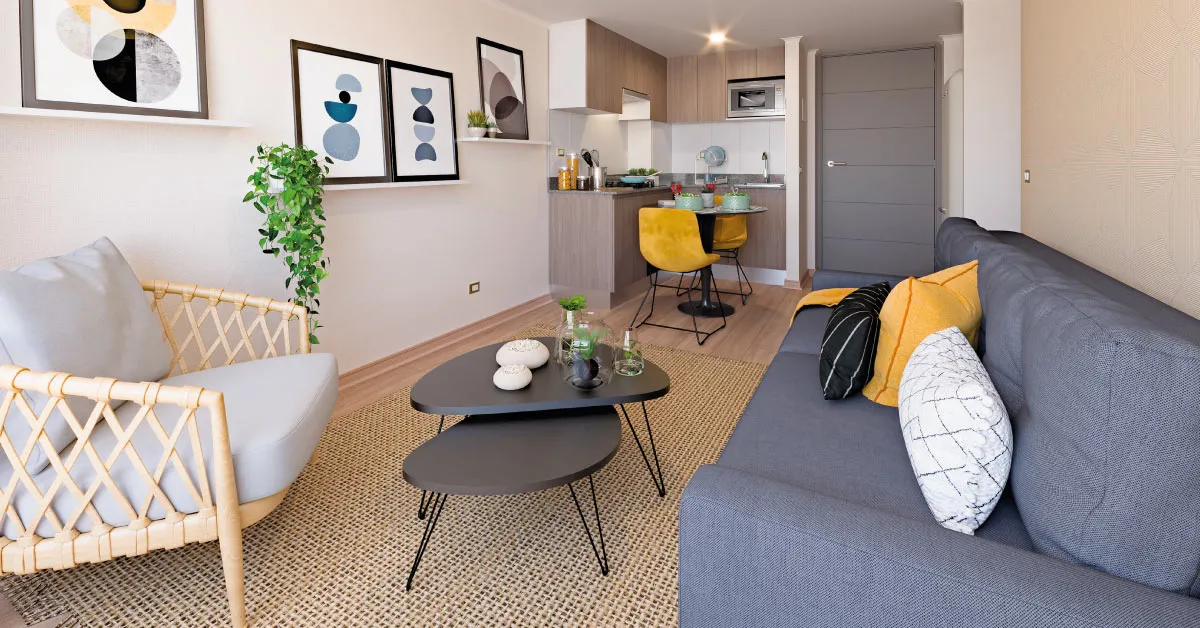 Living comedor amplio con piso vinílico SPC y cocina integrada
