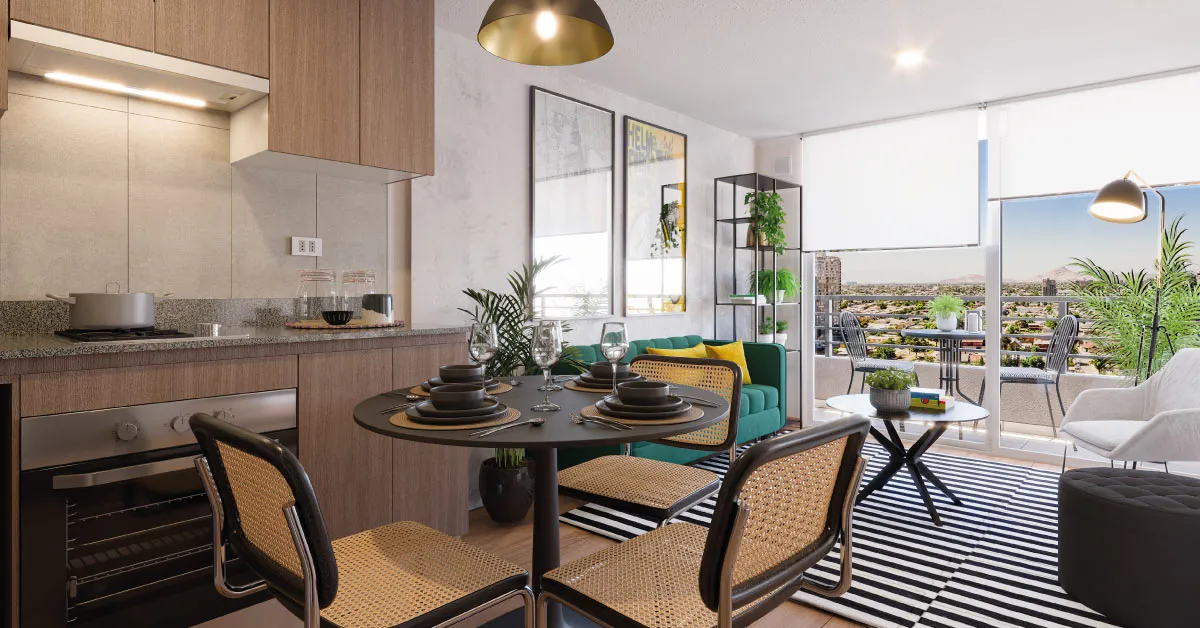 Living comedor con cocina equipada integrada del departamento piloto del Condominio Francisco Zelada